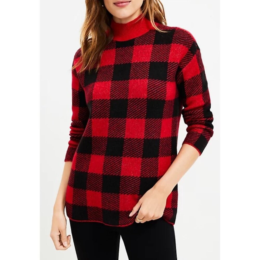 LOFT Petite Buffalo Plaid Mock Neck Tunic Sweater Large